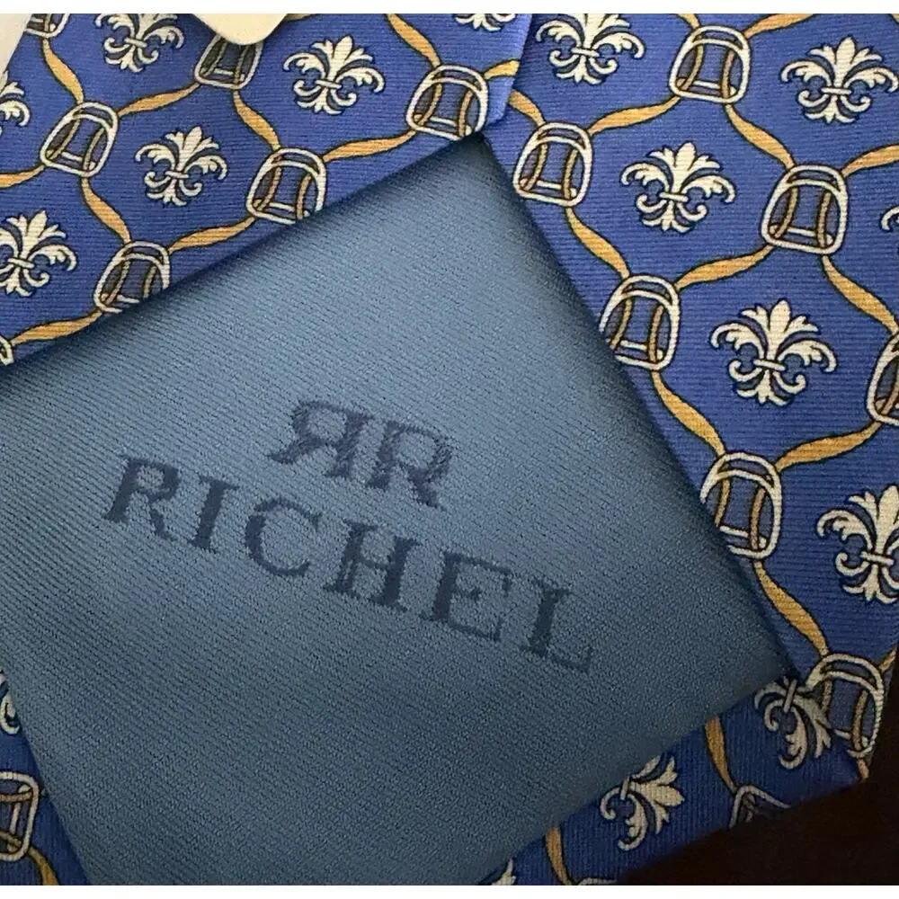 NWT Richel Blue 100% Pure Silk Hand Made In Spain Fleur De Lis Print Gold